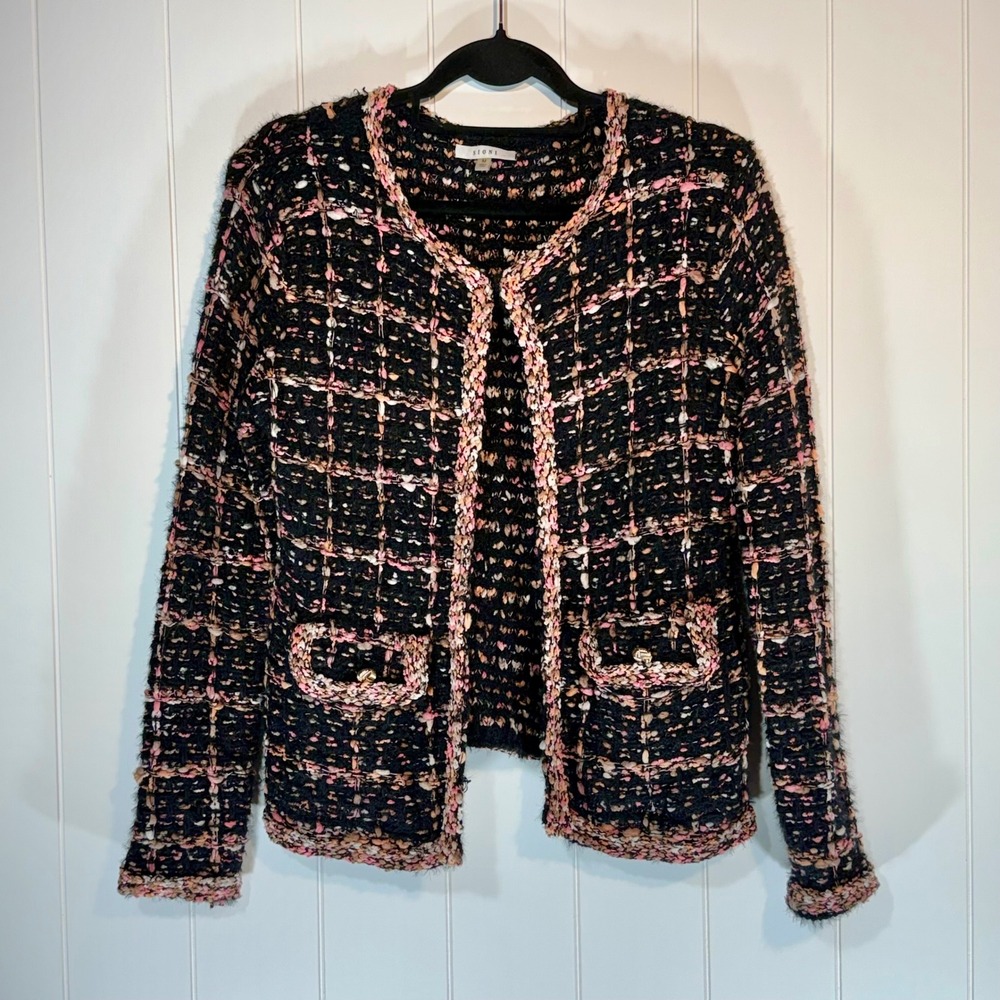 Sioni Womens Knit Tweed Cardigan Jacket Black Pink Gold Button Open Front Size M